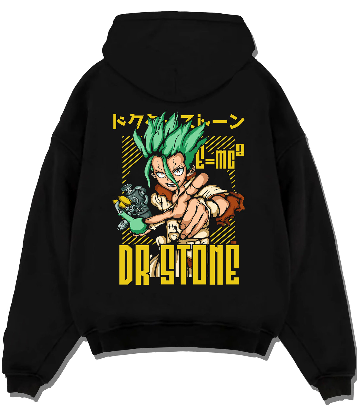 Black hoodie flat back view showing Senku Ishigami from Dr Stone: electric green illustration