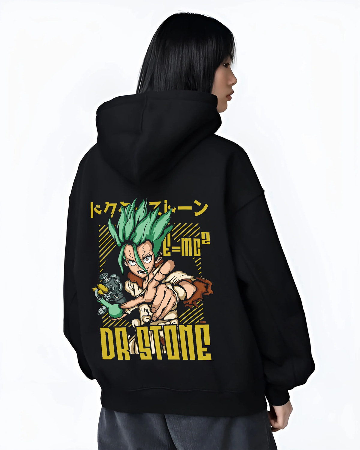 Black hoodie female model back view showing Senku Ishigami from Dr Stone: electric green illustration