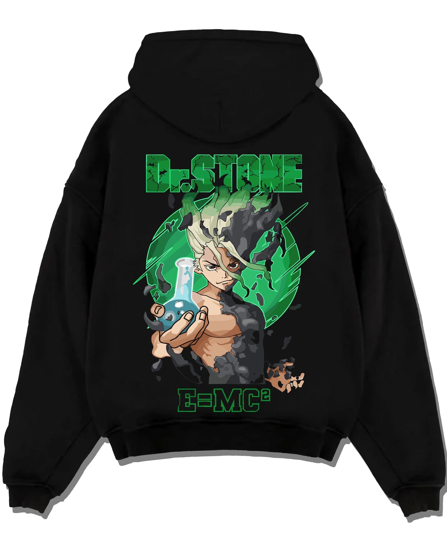 Black pullover hoodie laid flat with Senku Hoodie Dr Stone Kingdom Science Genius Anime graphic premium wear.