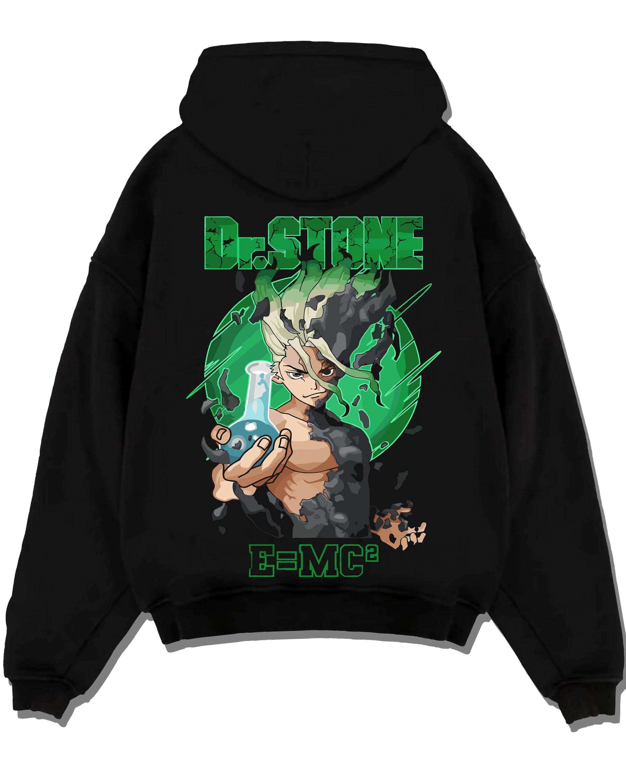 Black pullover hoodie laid flat with Senku Hoodie Dr Stone Kingdom Science Genius Anime graphic premium wear.