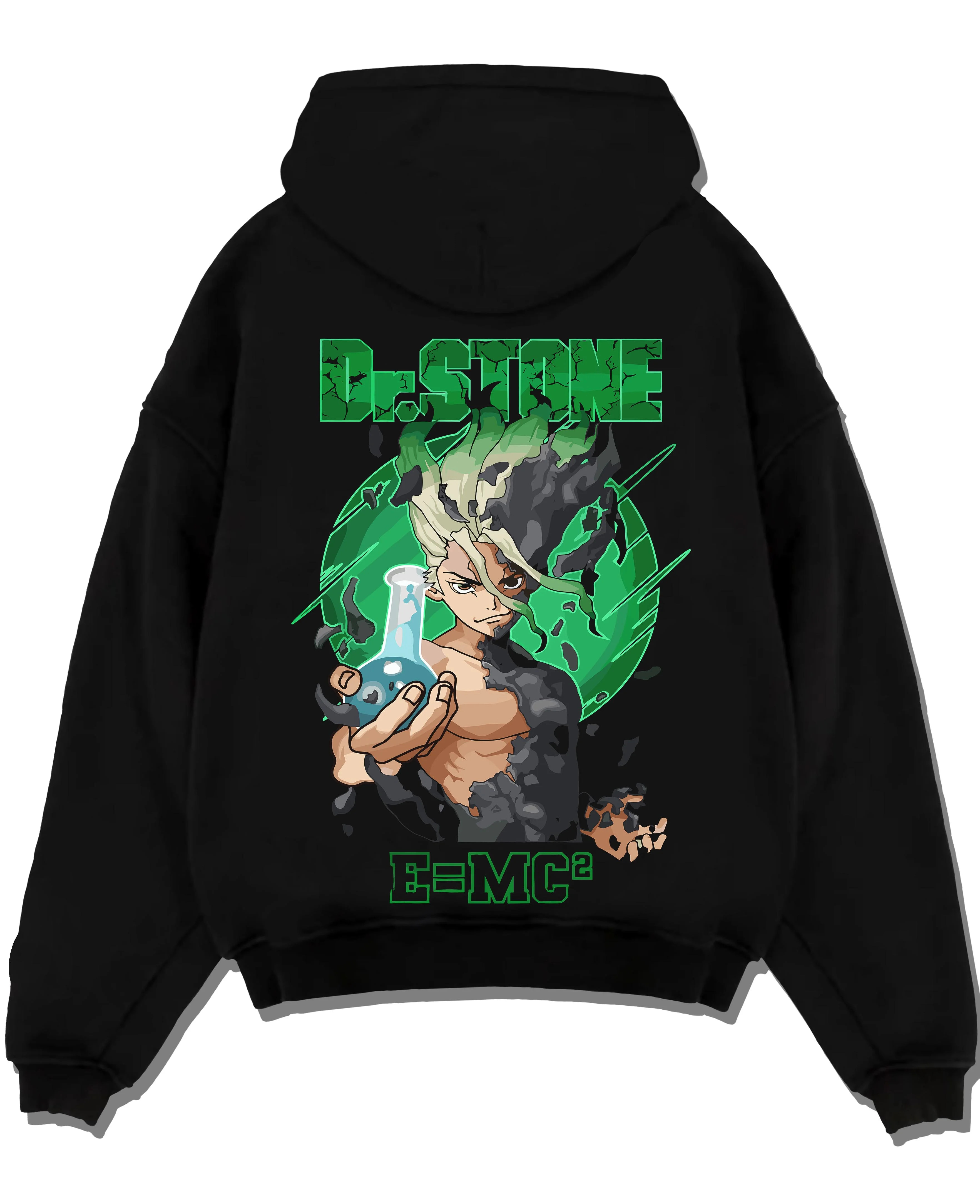 Black pullover hoodie laid flat with Senku Hoodie Dr Stone Kingdom Science Genius Anime graphic premium wear.