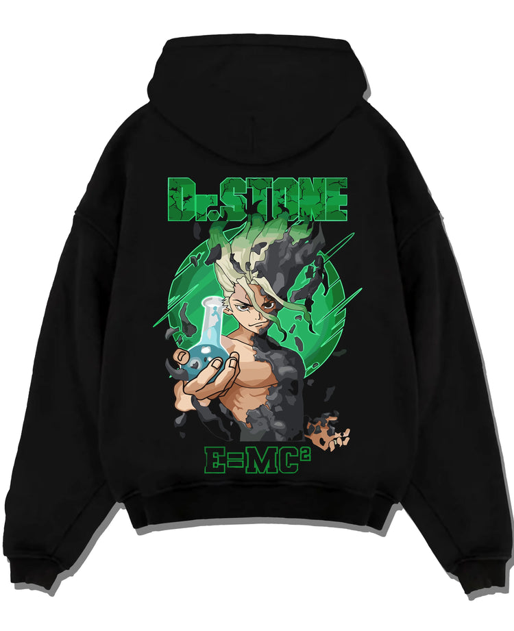 Black pullover hoodie laid flat with Senku Hoodie Dr Stone Kingdom Science Genius Anime graphic premium wear.
