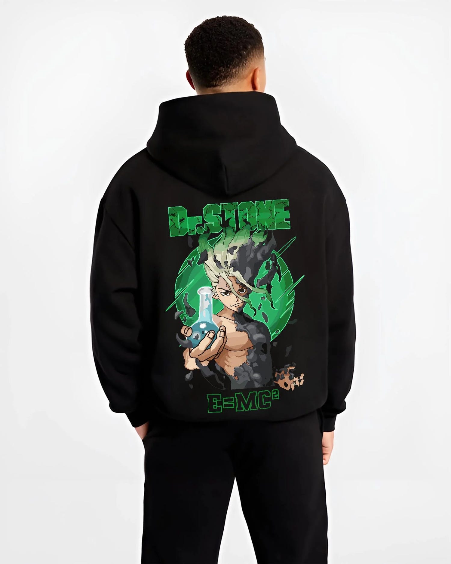Black hoodie worn by male model, back view with Senku Hoodie Dr Stone Kingdom Science Genius Anime graphic bold anime graphic.