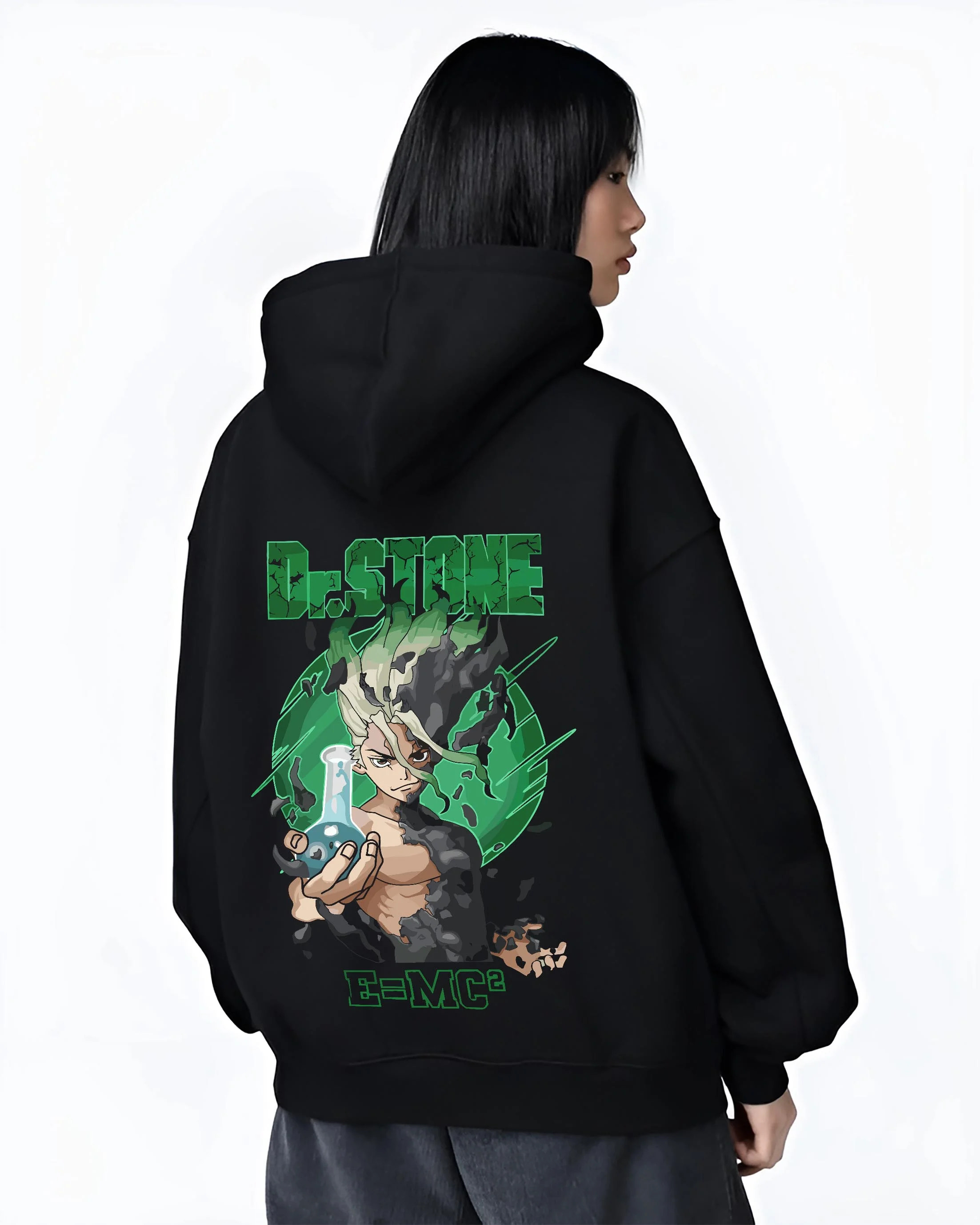 Black hoodie worn by female model, back view with Senku Hoodie Dr Stone Kingdom Science Genius Anime graphic premium wear.