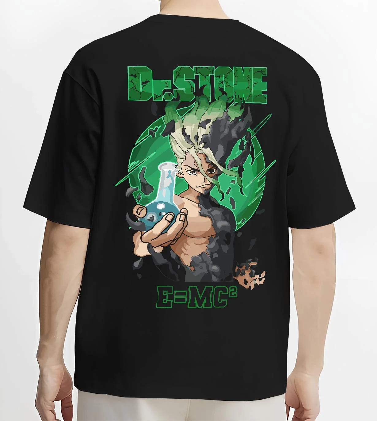 Black T-shirt worn by male model, back view with Senku Hoodie Dr Stone Kingdom Science Genius Anime graphic premium wear.