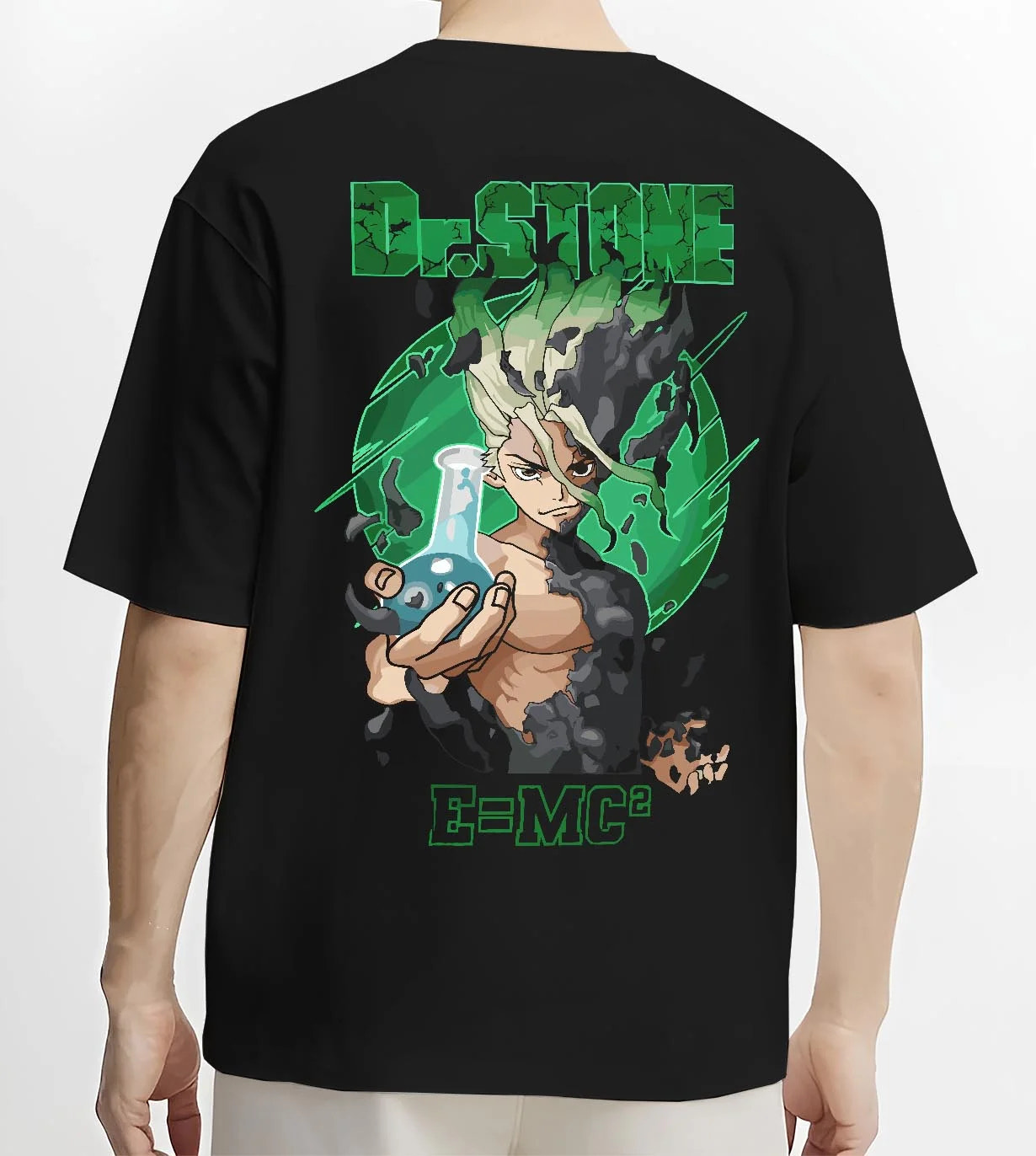 Black T-shirt worn by male model, back view with Senku Hoodie Dr Stone Kingdom Science Genius Anime graphic premium wear.