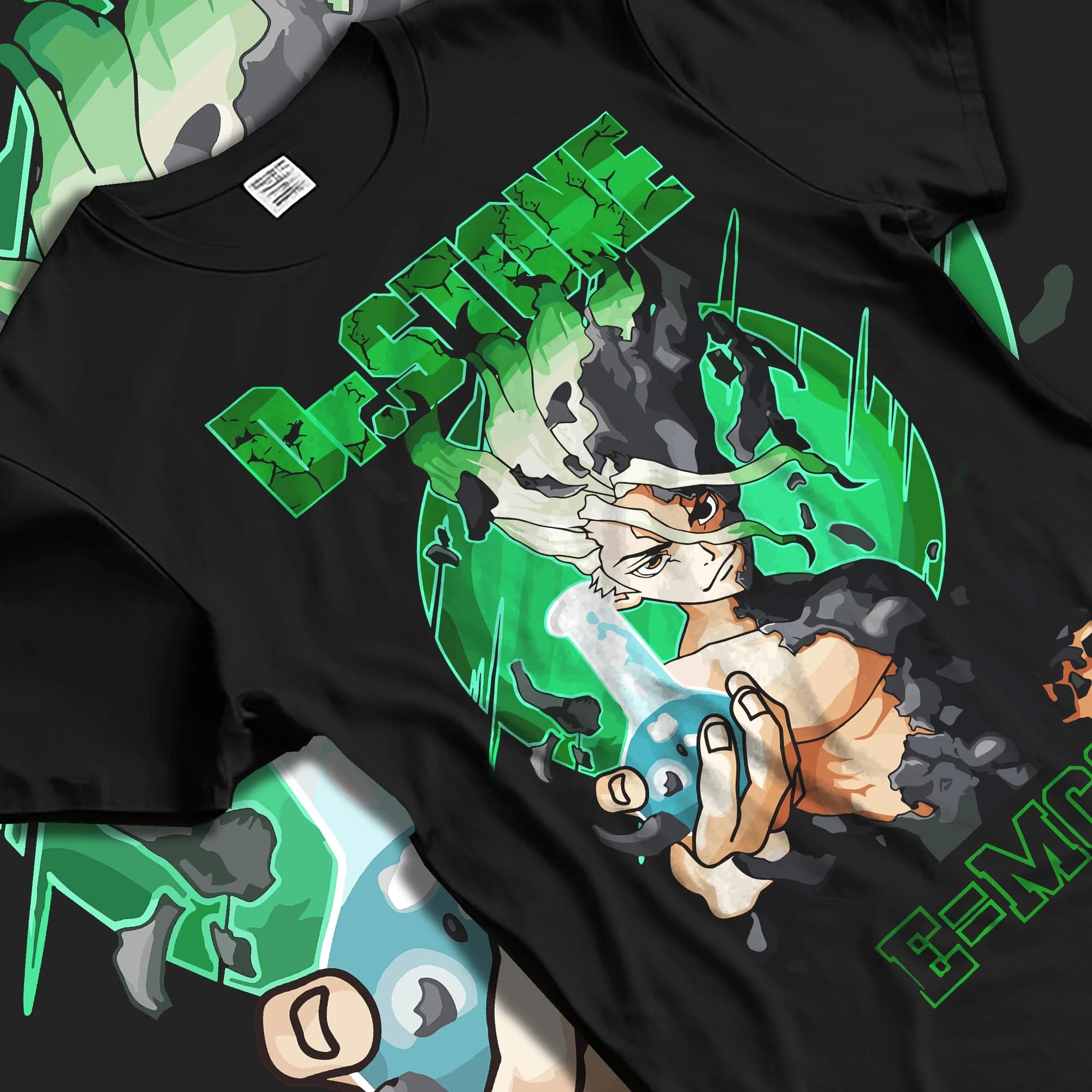 Black T-shirt laid flat with natural folds with Senku Hoodie Dr Stone Kingdom Science Genius Anime graphic premium wear.