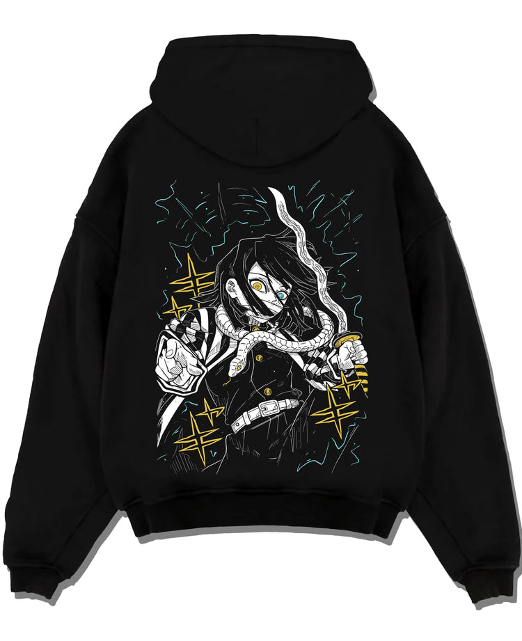 Black hoodie laid flat featuring Obanai Iguro Serpent Hashira sword Demon Slayer artwork.