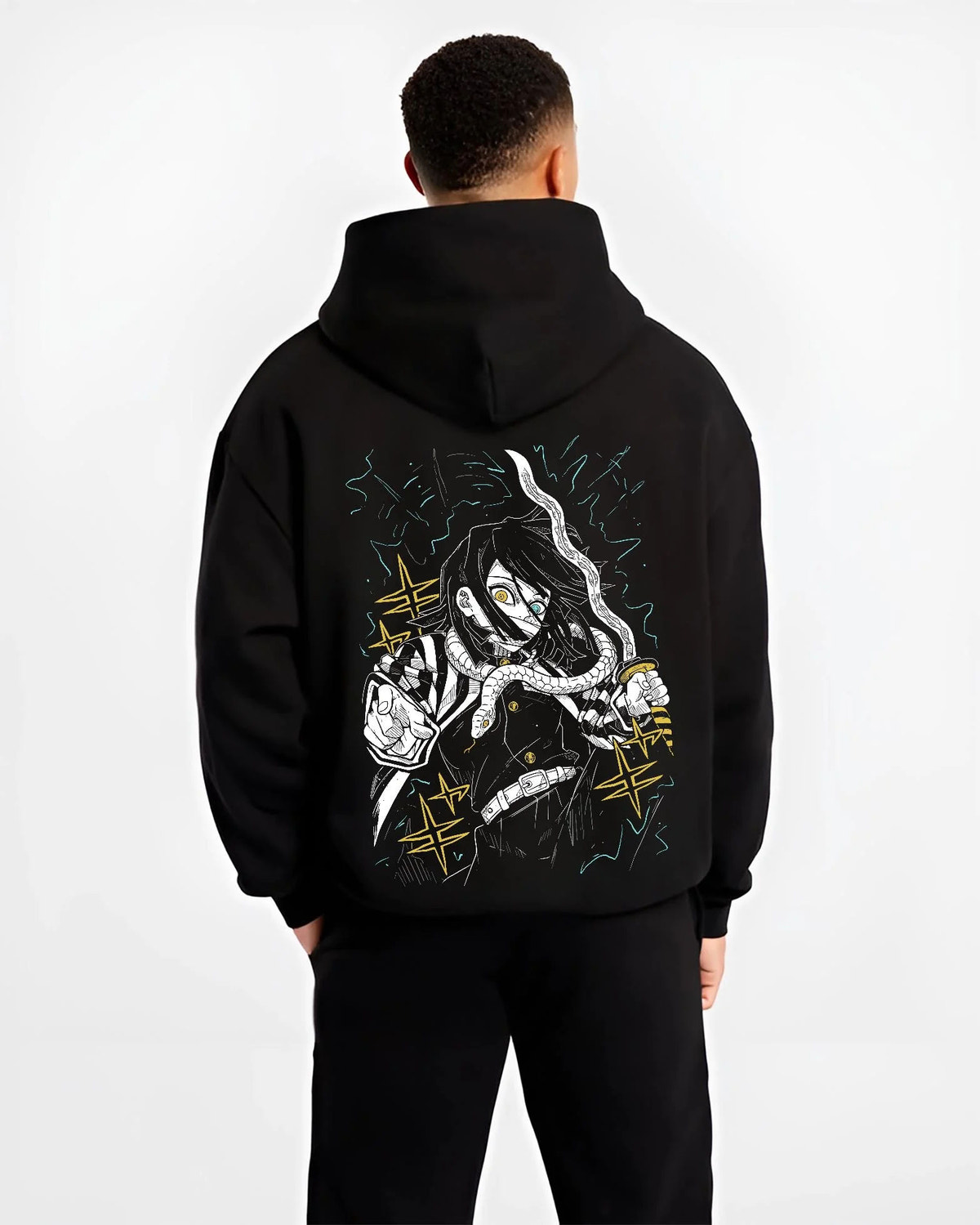 Black hoodie worn by male model from the back featuring Obanai Iguro Serpent Hashira sword Demon Slayer artwork.