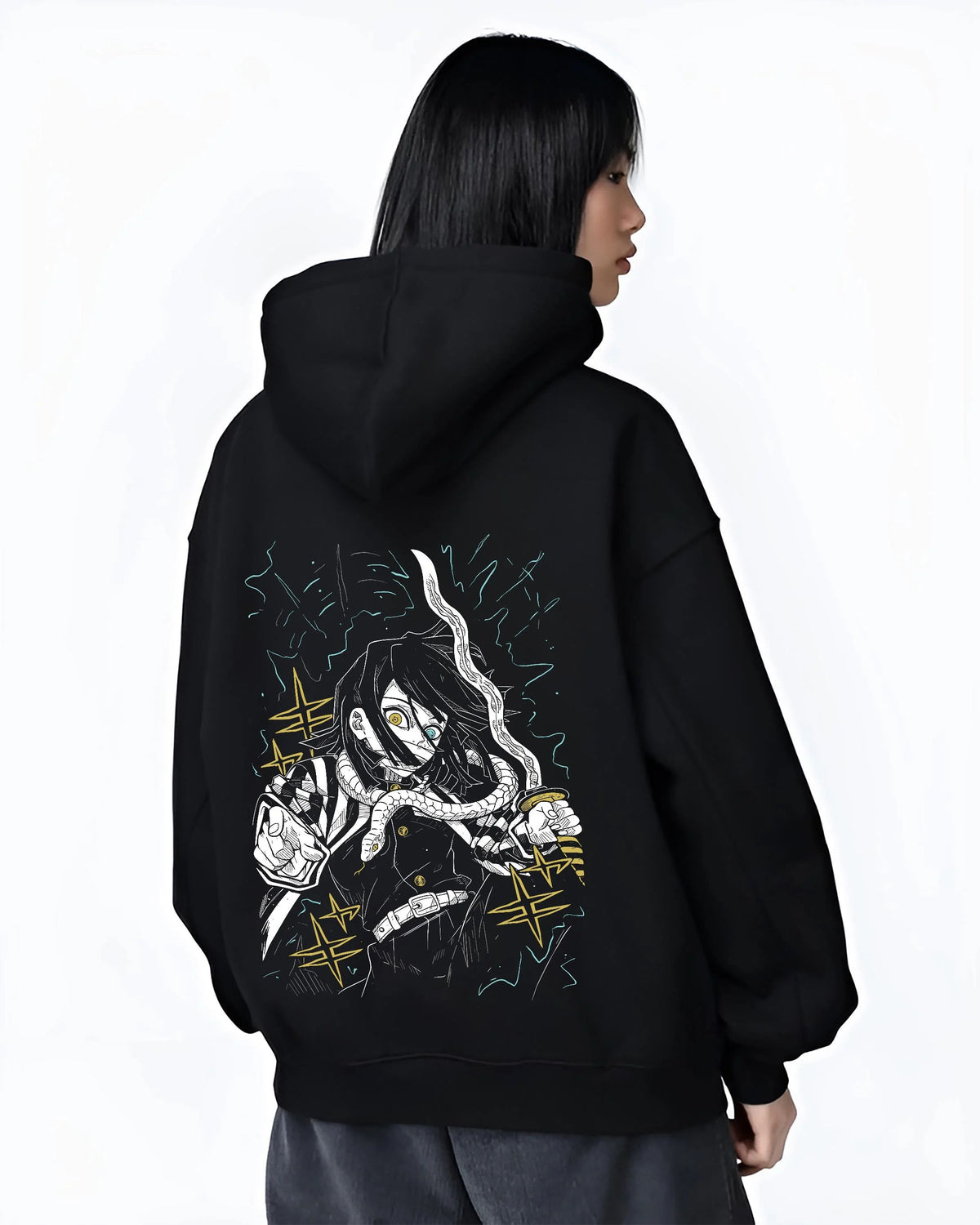 Black hoodie worn by female model from the back featuring Obanai Iguro Serpent Hashira sword Demon Slayer artwork.