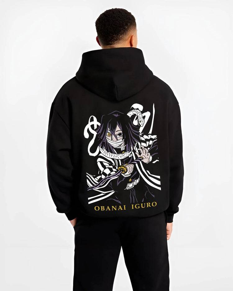 Black hoodie worn by male model from the back featuring Obanai Iguro Serpent Breathing snake Demon Slayer artwork.