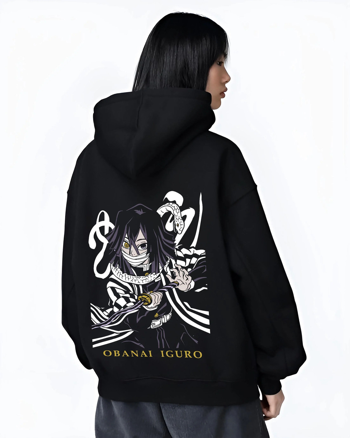 Black hoodie worn by female model from the back featuring Obanai Iguro Serpent Breathing snake Demon Slayer artwork.