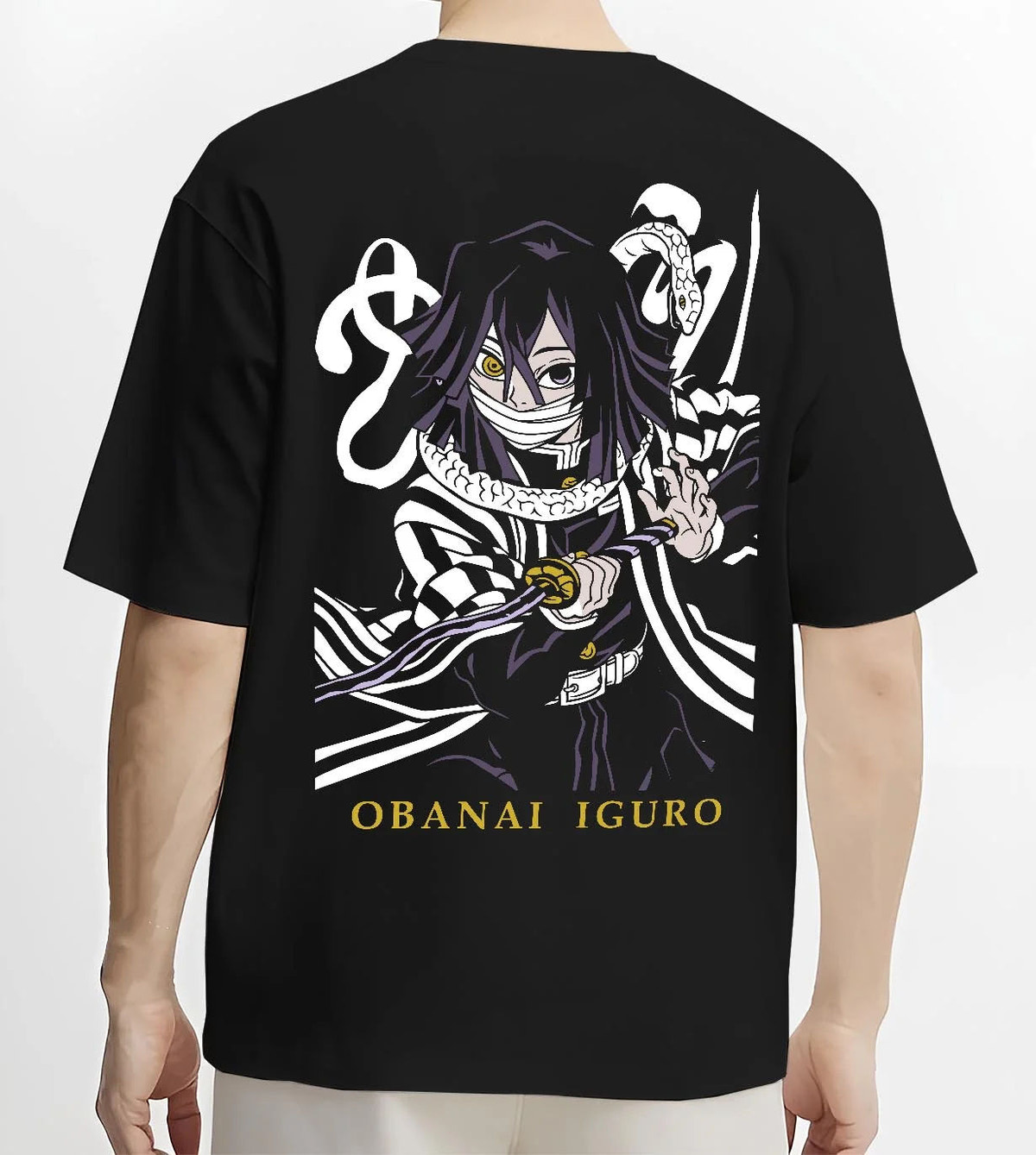 Black T-shirt worn by male model from the back featuring Obanai Iguro Serpent Breathing snake Demon Slayer artwork.