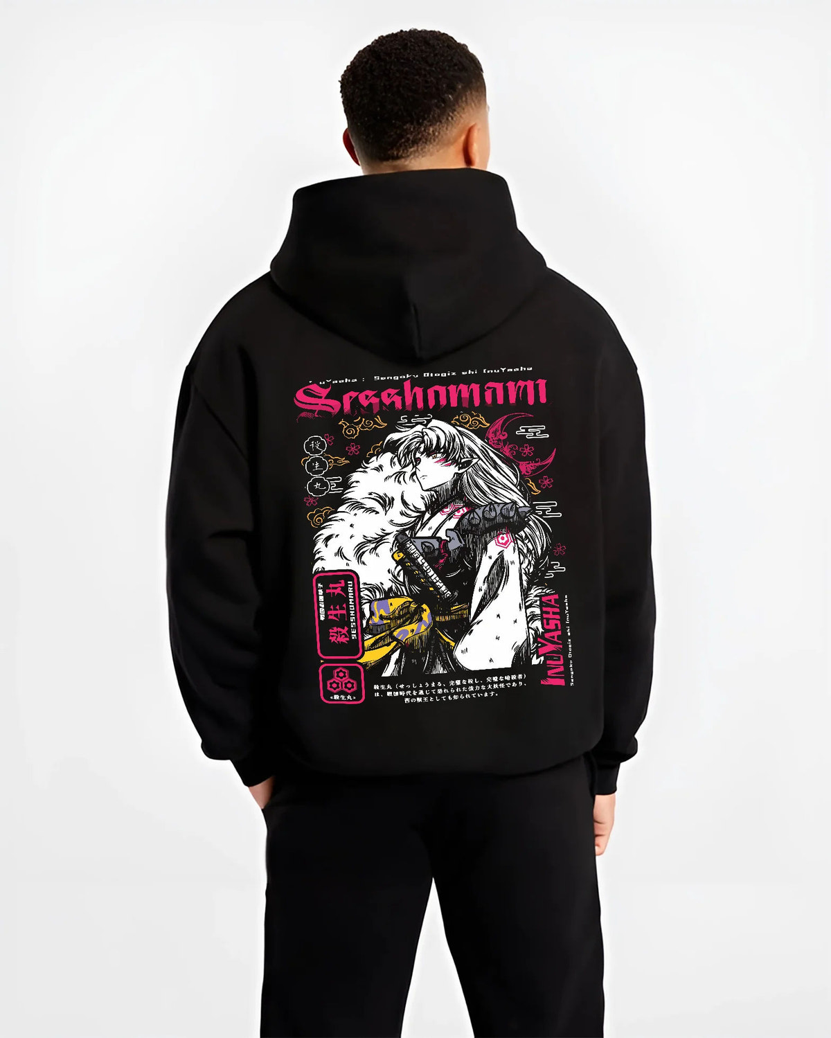 Black hoodie model back view showing Sesshomaru from Inuyasha: aristocratic demon