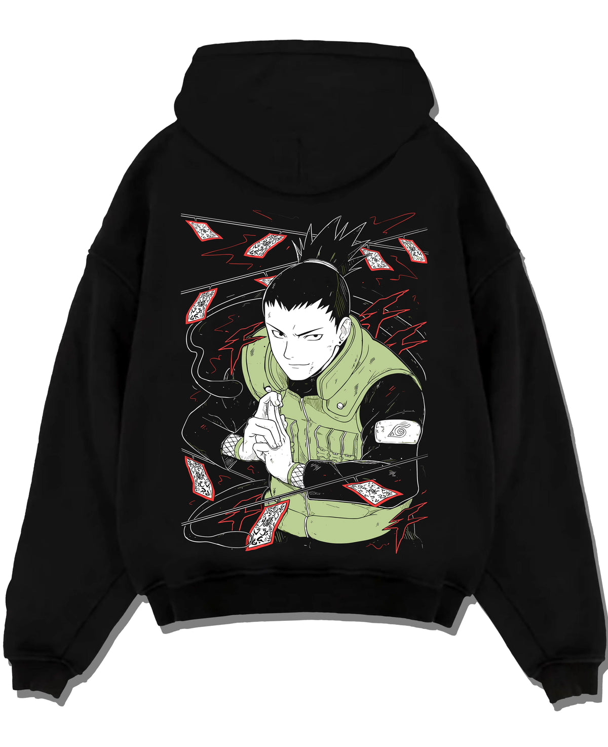 Black hoodie laid flat featuring Shikamaru Nara Shadow Possession Jutsu Naruto artwork.