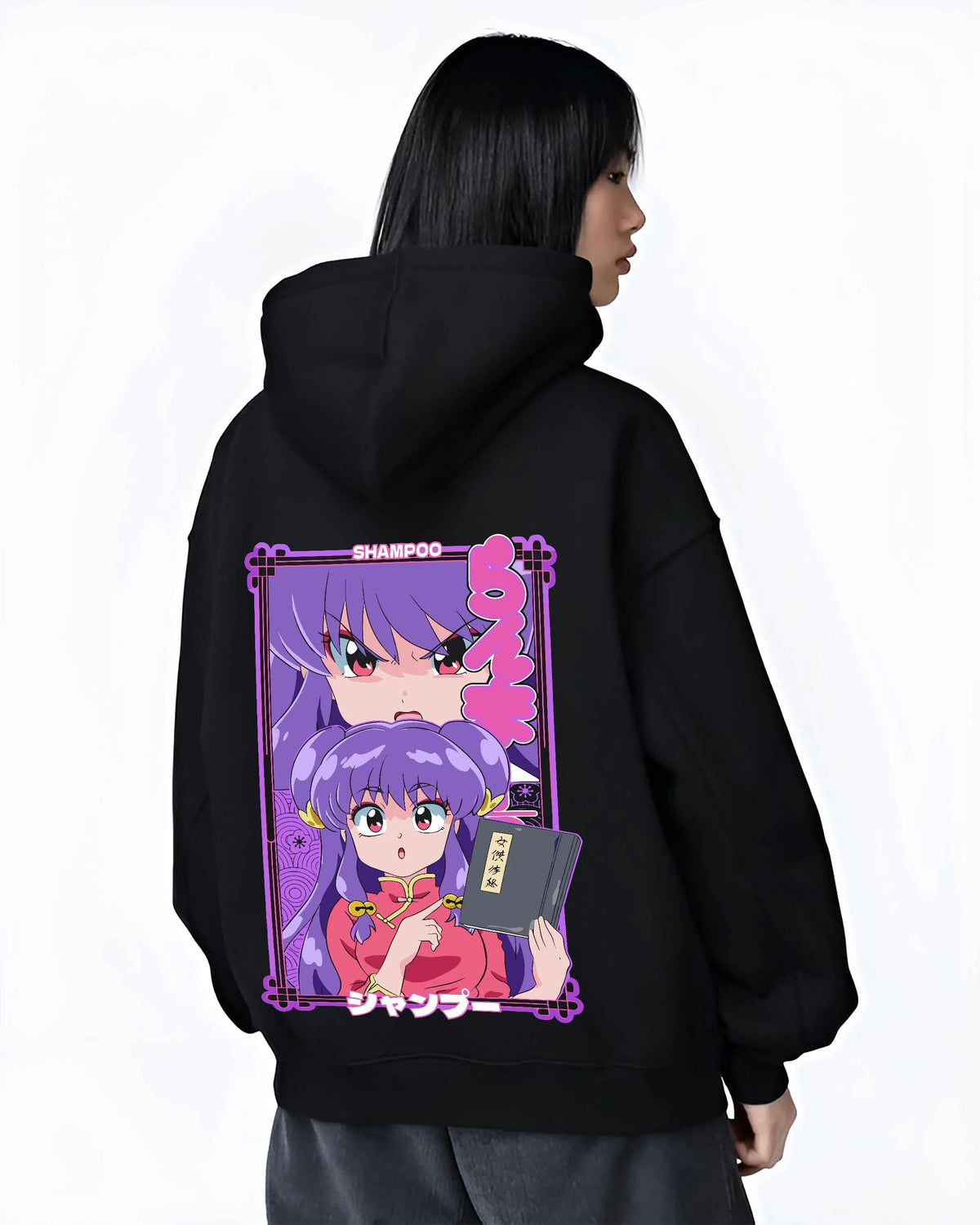 Black hoodie worn by female model from the back featuring Shampoo Chinese Amazon martial artist Ranma 1/2 artwork.