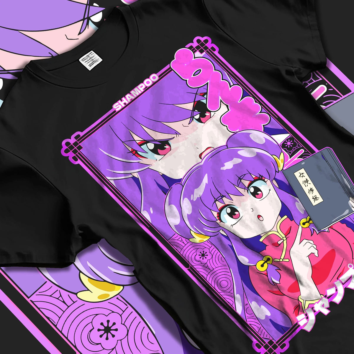 Black T-shirt laid flat with natural folds featuring Shampoo Chinese Amazon martial artist Ranma 1/2 artwork.
