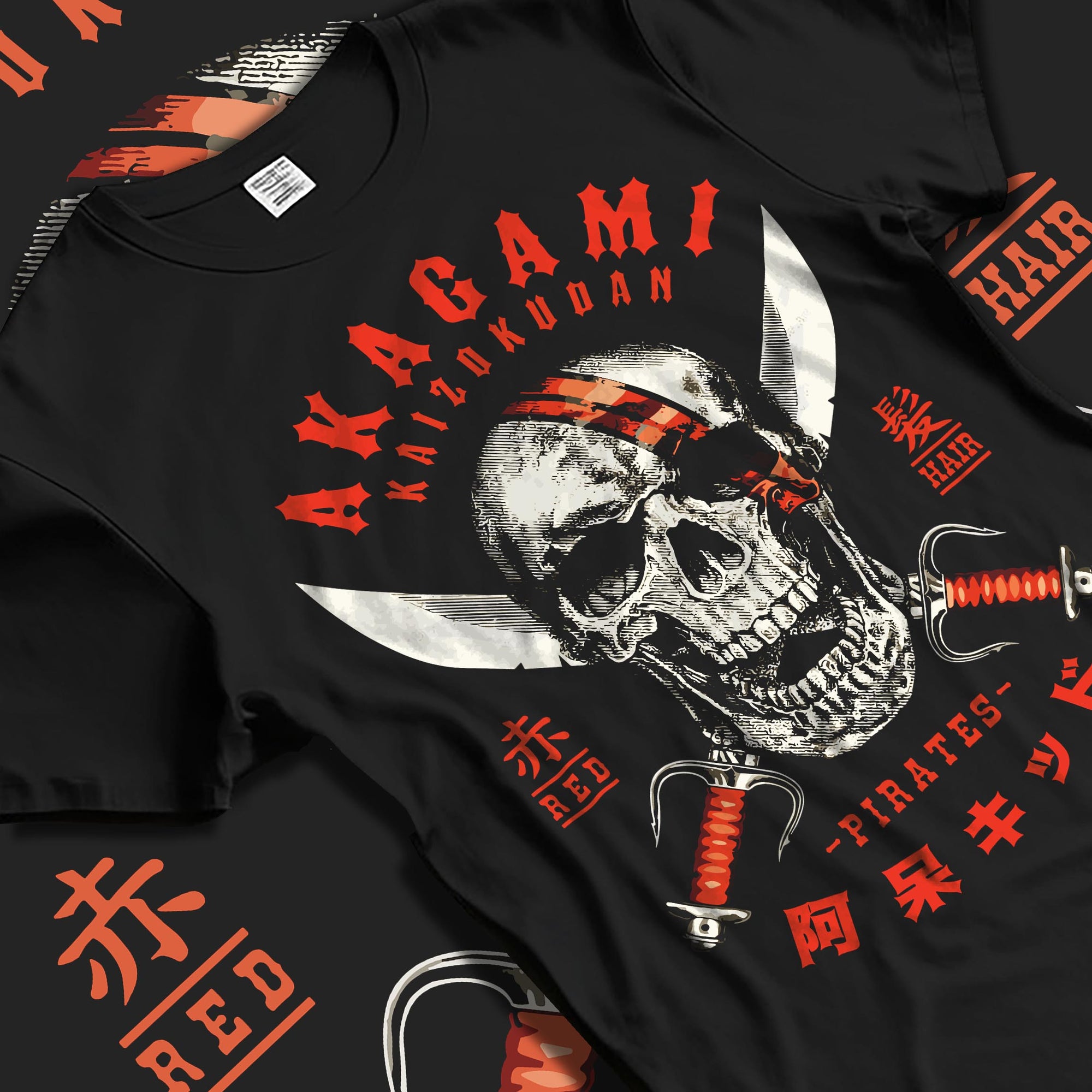 Black T-shirt laid flat with natural fabric folds, featuring Akagami Red Hair Pirates skull anime poster inspired retro comic style graphic.