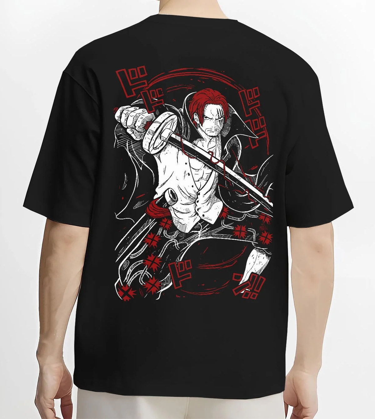 Black T-shirt worn by male model from the back featuring Shanks Red Hair Emperor Haki One Piece artwork.