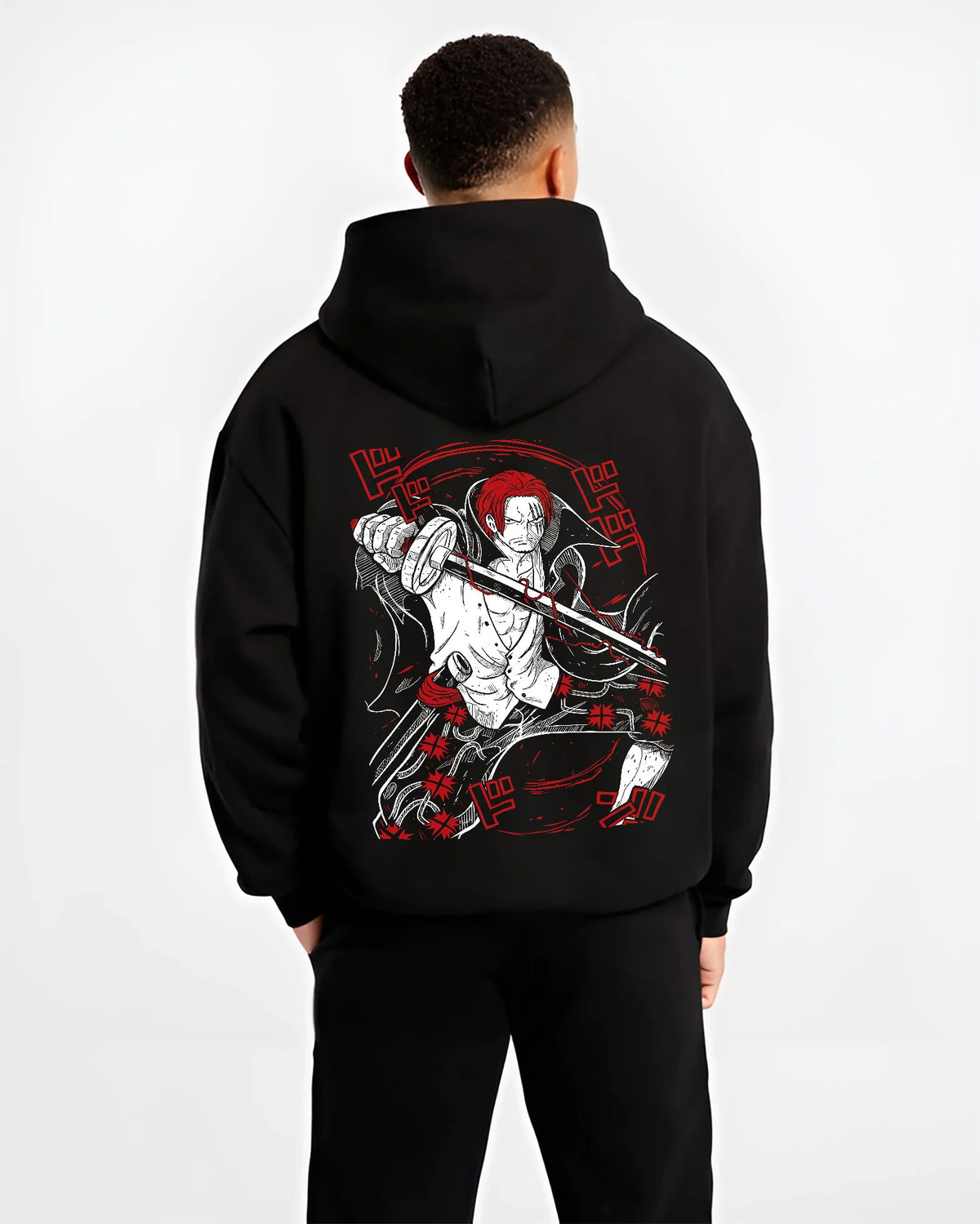 Black hoodie model back view showing Red-Haired Shanks from One Piece: sword and pirate poster