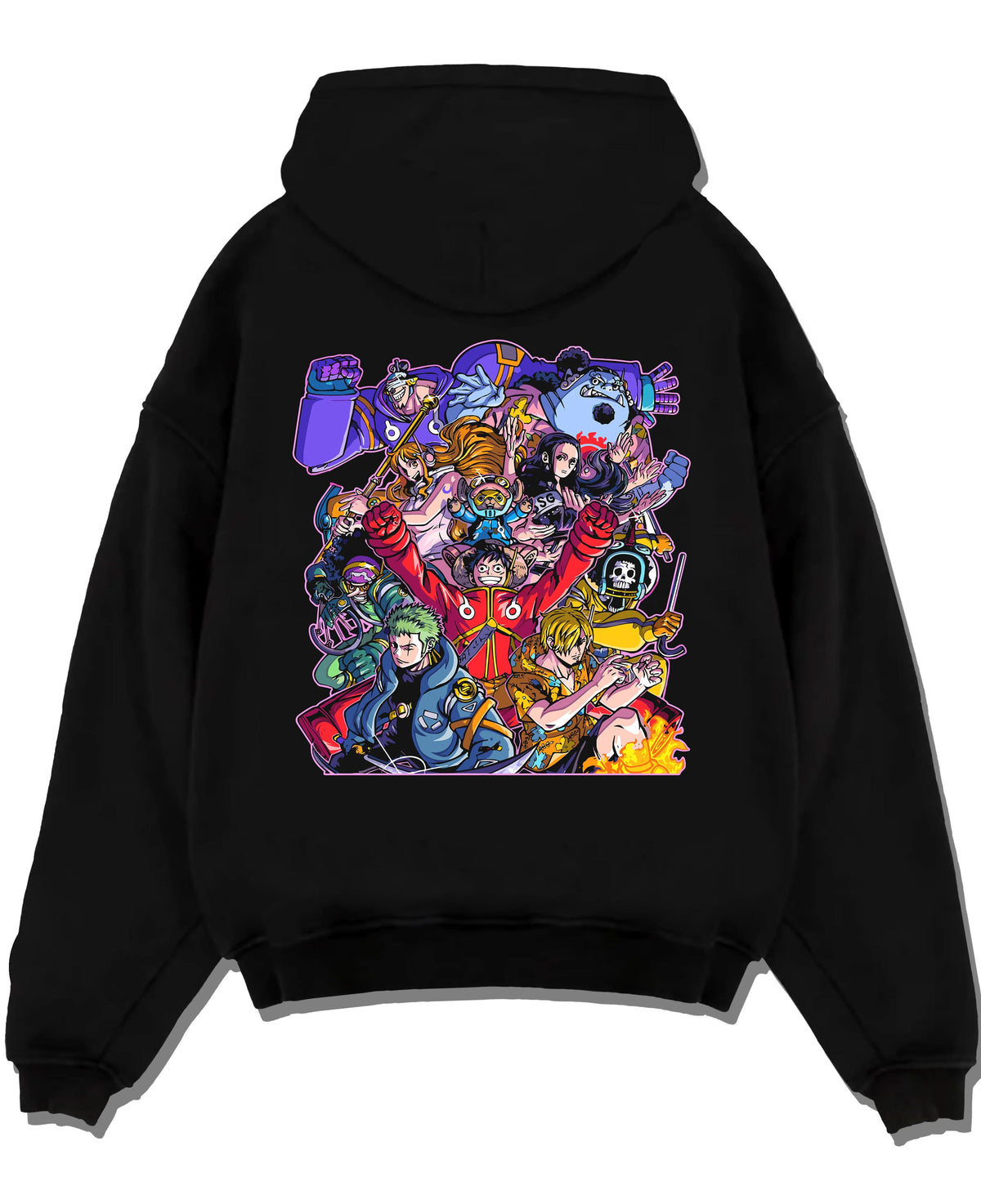 Black hoodie laid flat featuring Straw Hat Crew pirate team adventure One Piece artwork.