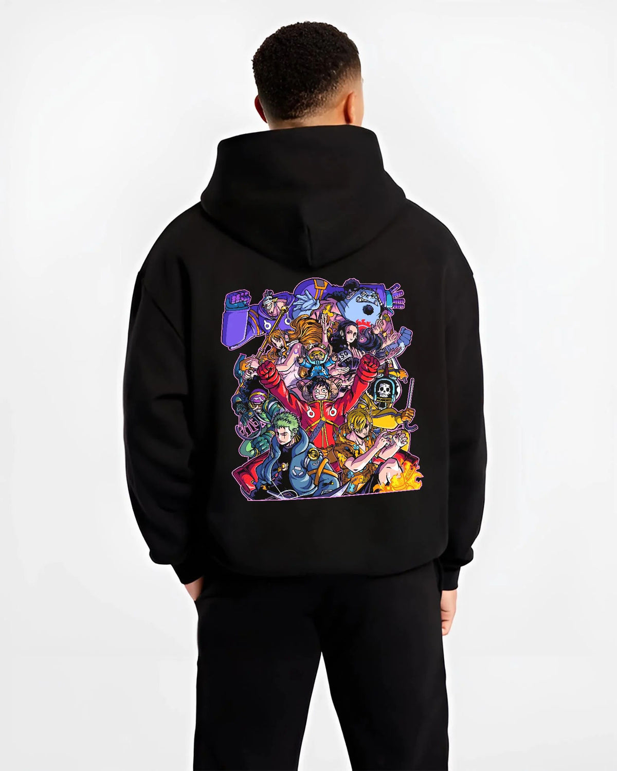Black hoodie worn by male model from the back featuring Straw Hat Crew pirate team adventure One Piece artwork.