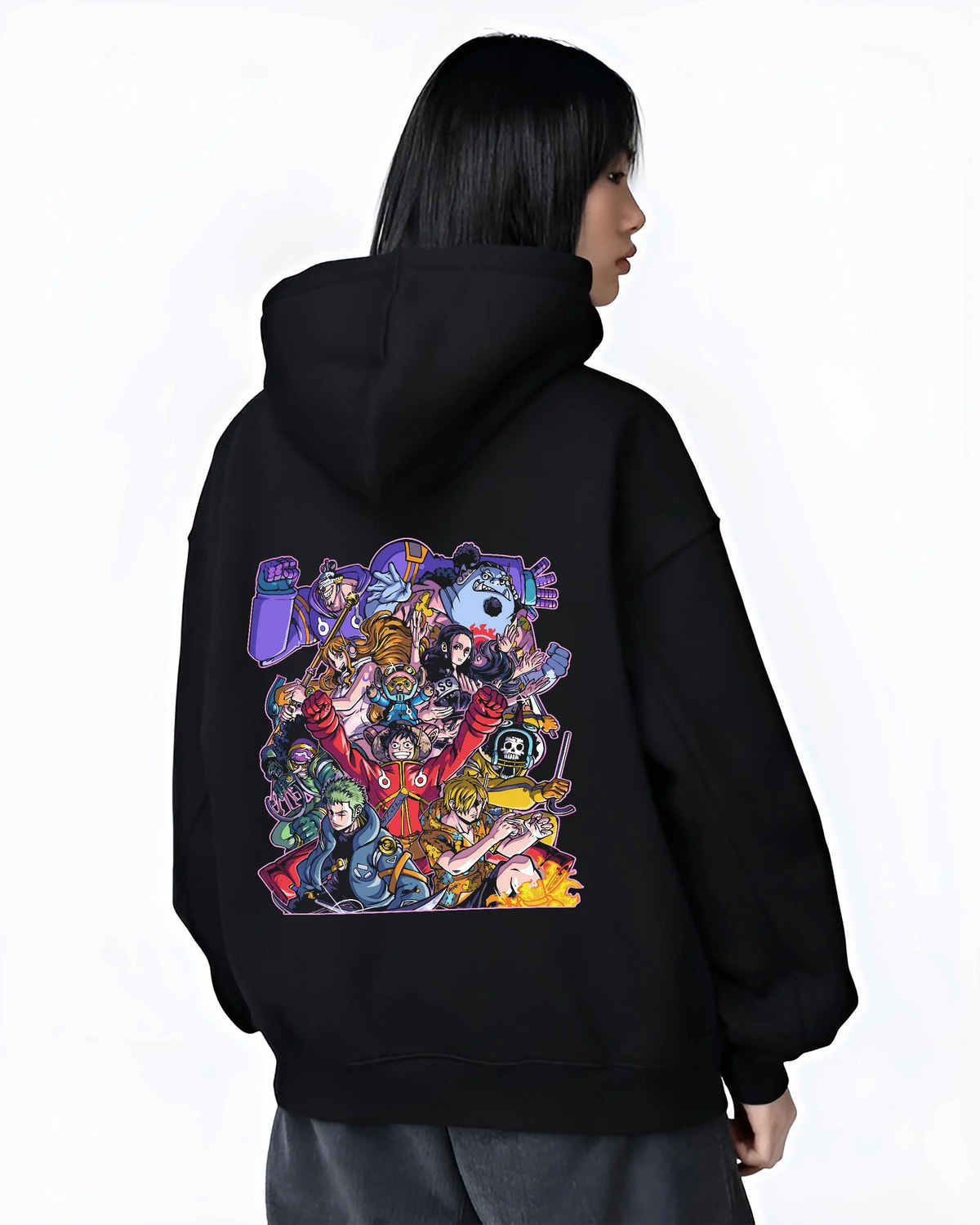Black hoodie worn by female model from the back featuring Straw Hat Crew pirate team adventure One Piece artwork.