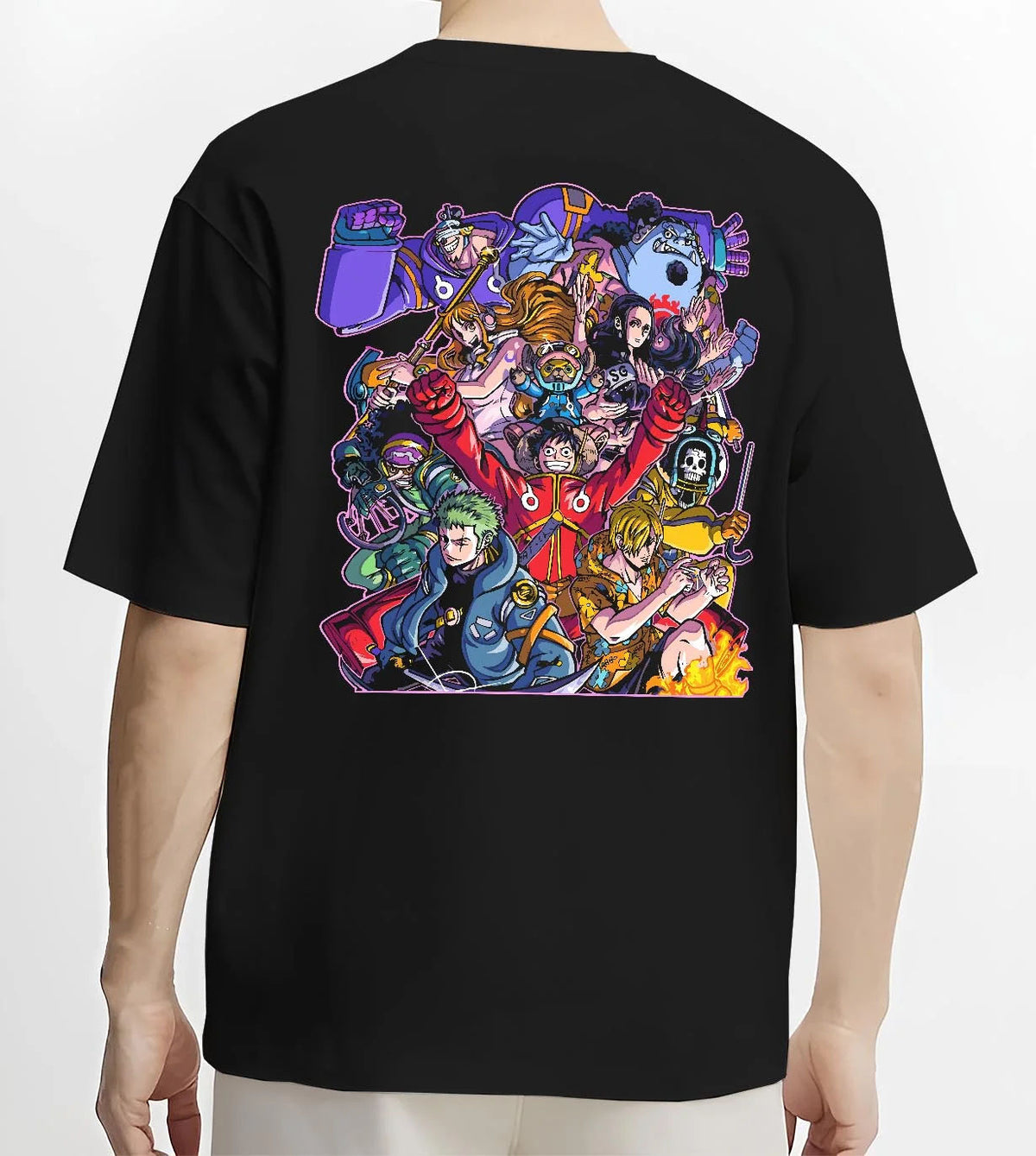 Black T-shirt worn by male model from the back featuring Straw Hat Crew pirate team adventure One Piece artwork.