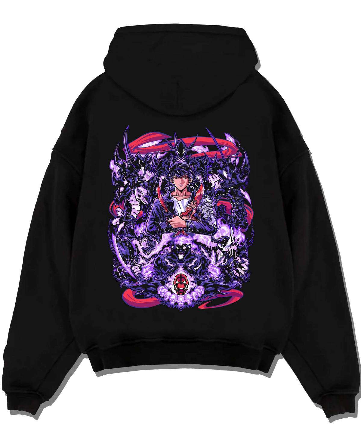 Black hoodie laid flat featuring Sung Jin-Woo purple Shadow Army Solo Leveling artwork.