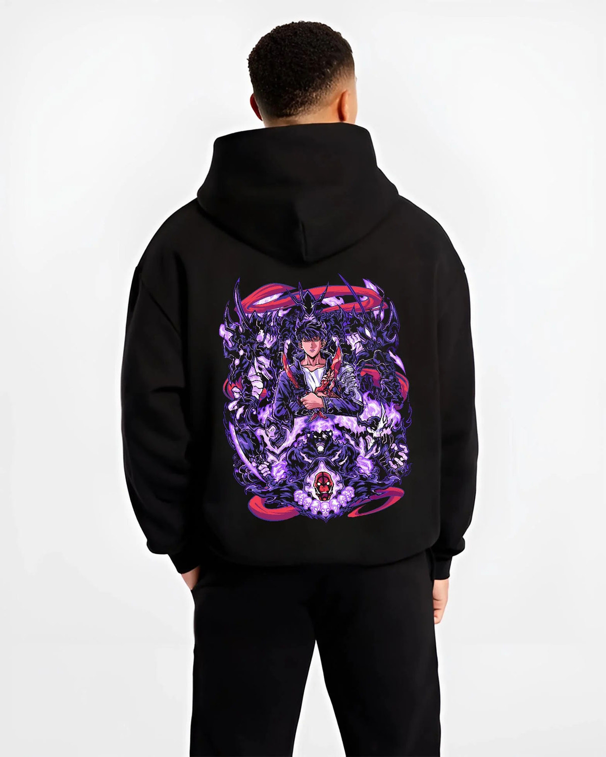 Black hoodie worn by male model from the back featuring Sung Jin-Woo purple Shadow Army Solo Leveling artwork.