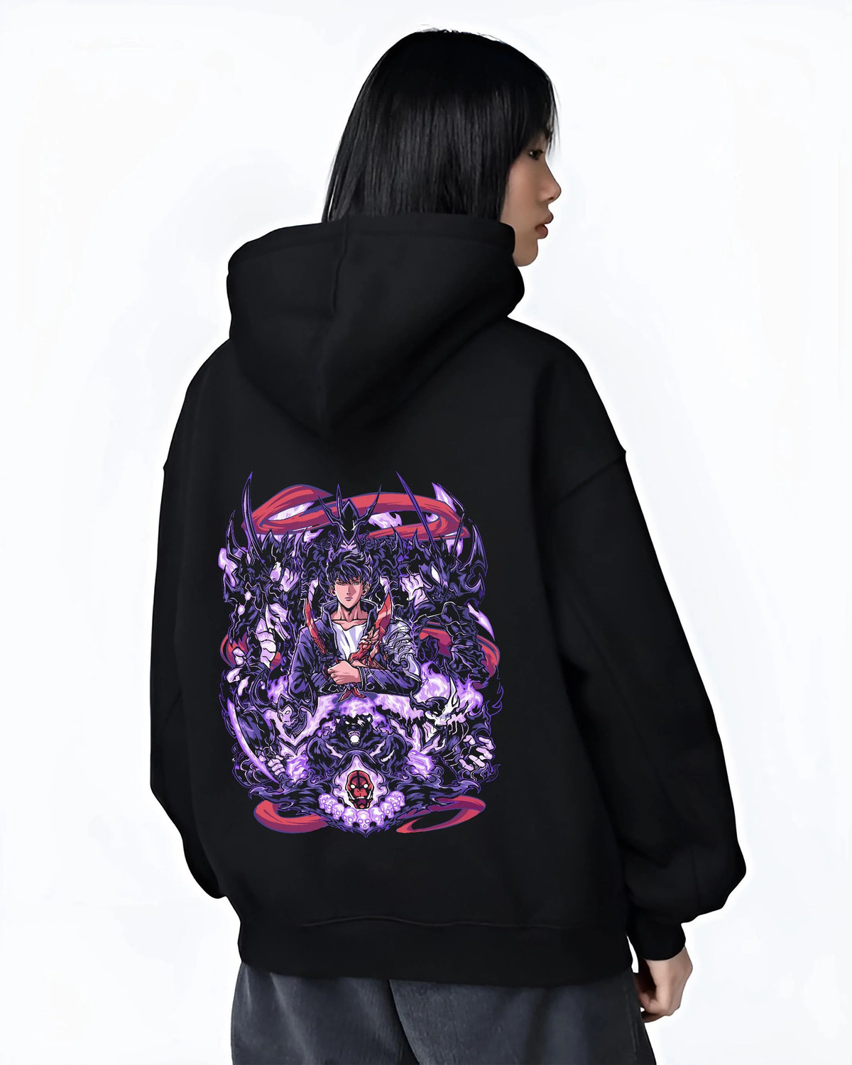 Black hoodie worn by female model from the back featuring Sung Jin-Woo purple Shadow Army Solo Leveling artwork.