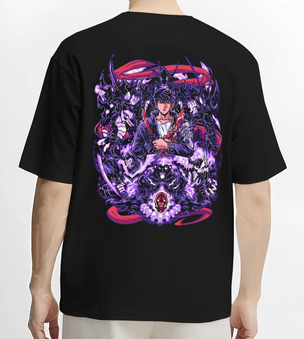 Black T-shirt worn by male model from the back featuring Sung Jin-Woo purple Shadow Army Solo Leveling artwork.