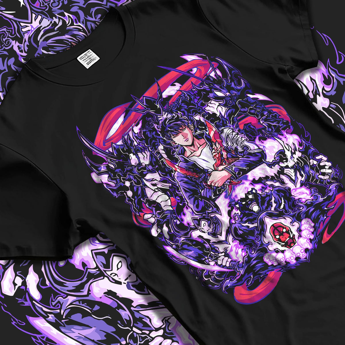Black T-shirt laid flat with natural folds featuring Sung Jin-Woo purple Shadow Army Solo Leveling artwork.