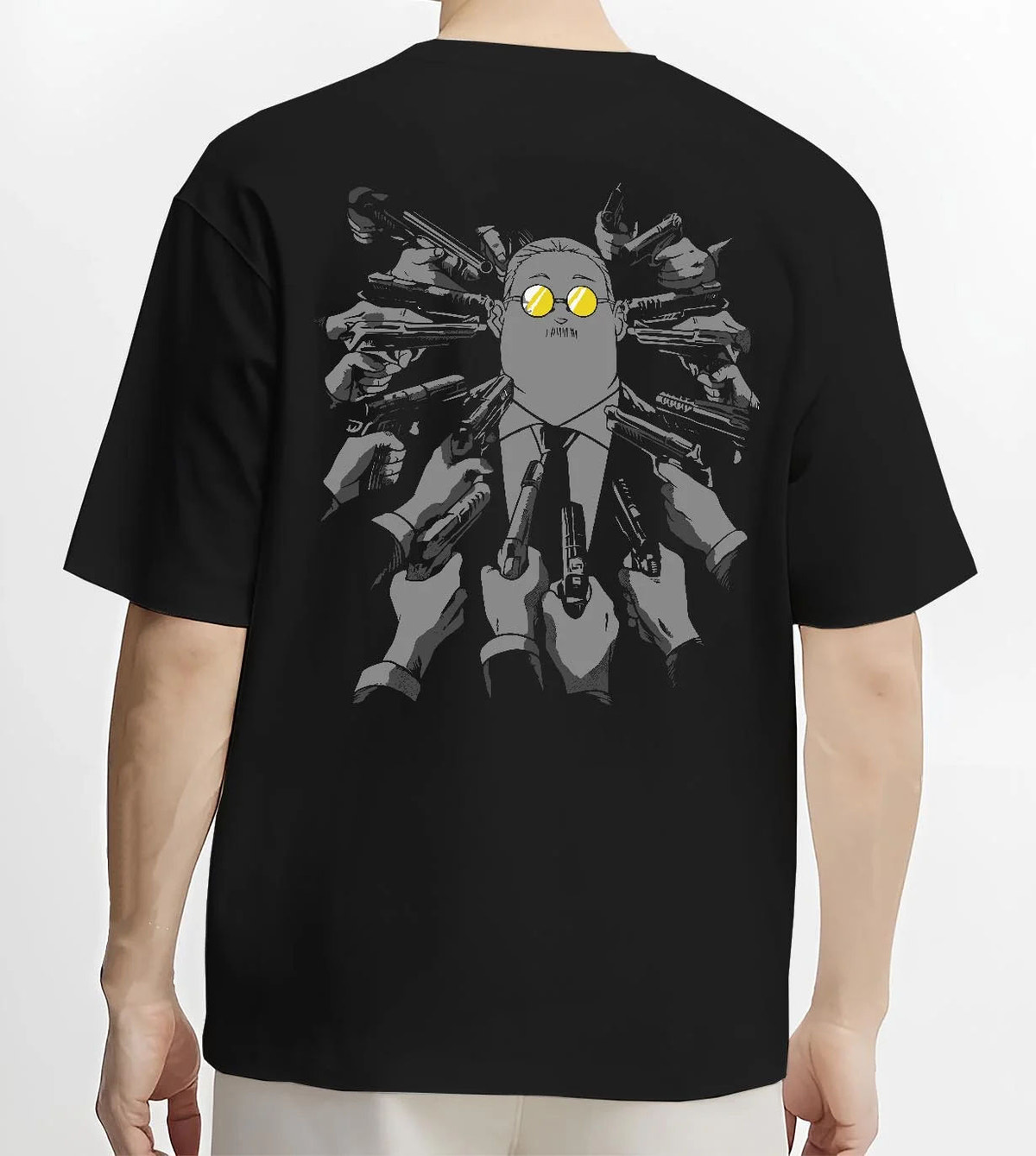 Black T-shirt worn by male model from the back featuring Taro Sakamoto hidden arsenal Sakamoto Days artwork.