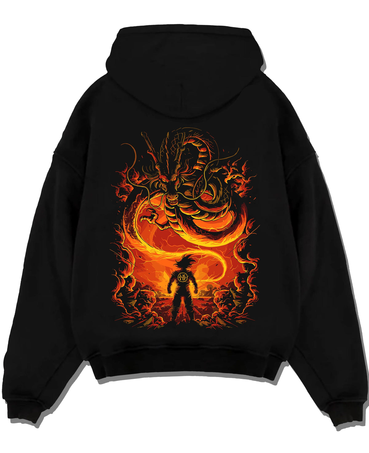 Black hoodie laid flat featuring Shenron Eternal Dragon wish power Dragon Ball artwork.