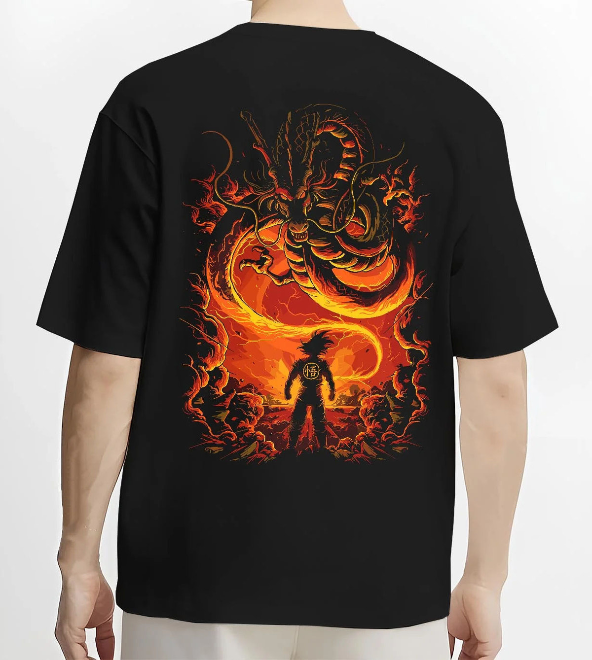 Black T-shirt worn by male model from the back featuring Shenron Eternal Dragon wish power Dragon Ball artwork.