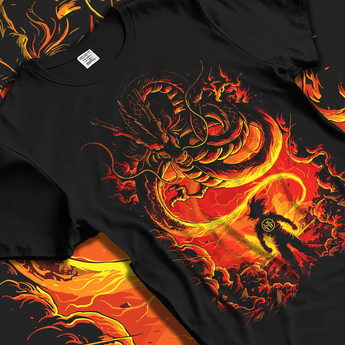 Black T-shirt laid flat with natural folds featuring Shenron Eternal Dragon wish power Dragon Ball artwork.