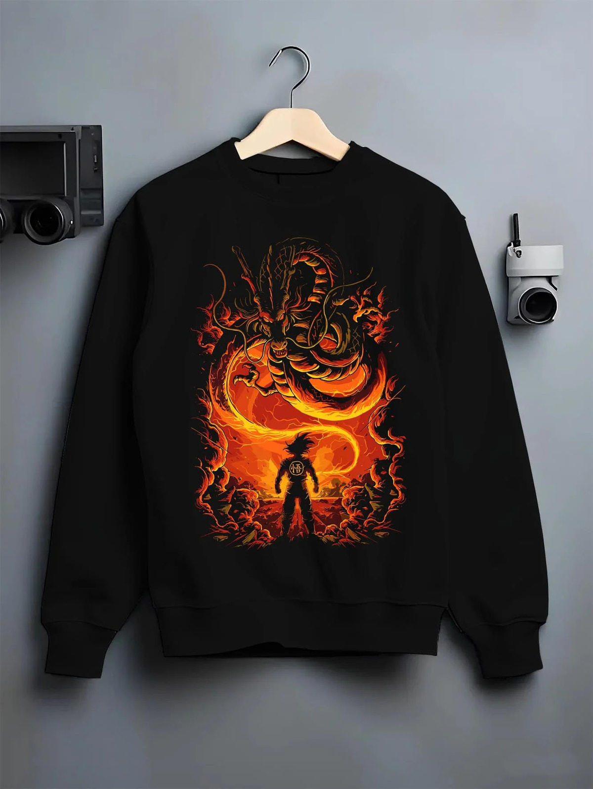 Black crewneck sweatshirt on hanger featuring Shenron Eternal Dragon wish power Dragon Ball artwork.