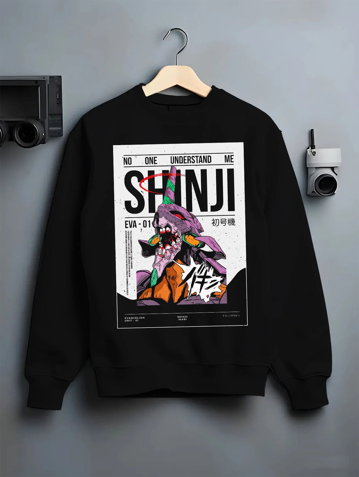 Black crewneck sweatshirt on hanger with Shinji Ikari and Evangelion Unit-01 illustrated back graphic