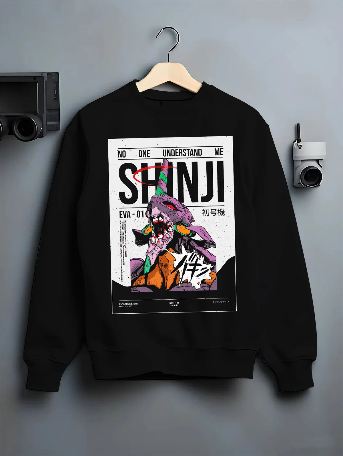 Black crewneck sweatshirt on hanger with Shinji Ikari and Evangelion Unit-01 illustrated back graphic