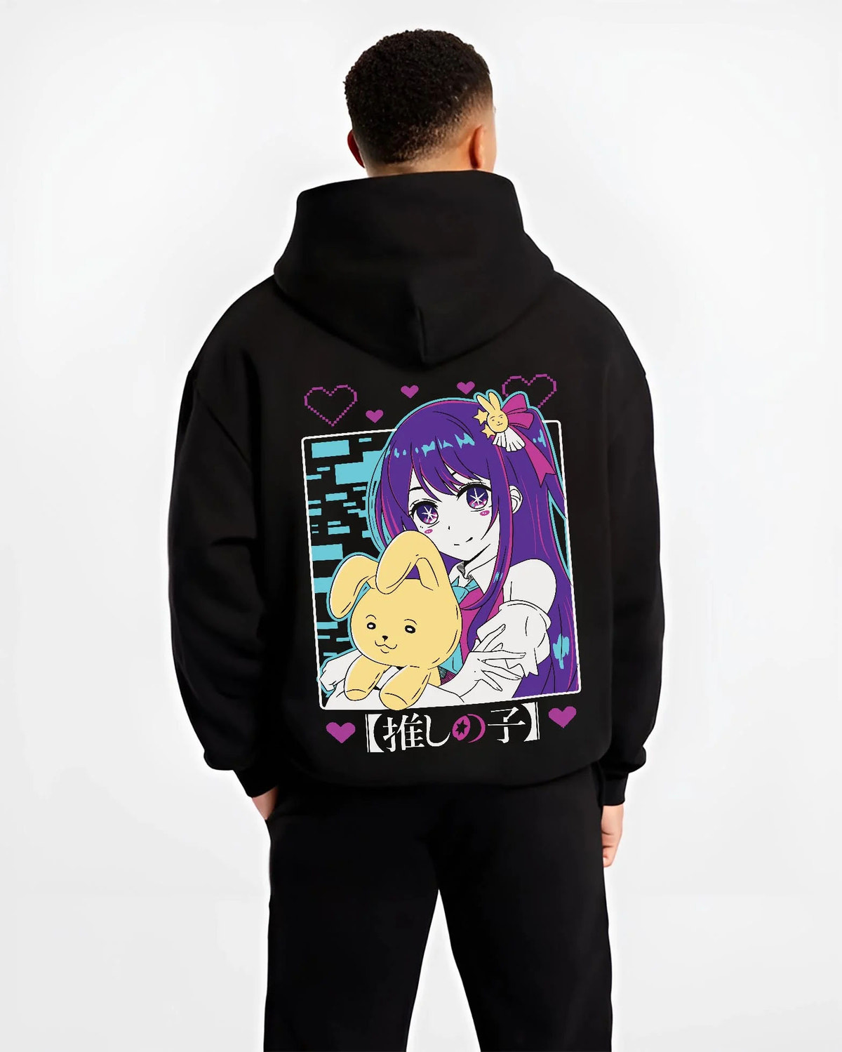 Black hoodie worn by male model from the back featuring Ai Hoshino idol star rabbit portrait Oshi no Ko artwork.