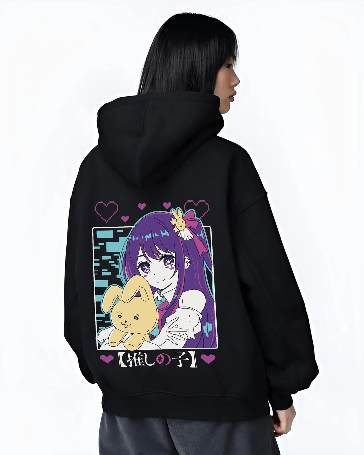 Black hoodie worn by female model from the back featuring Ai Hoshino idol star rabbit portrait Oshi no Ko artwork.
