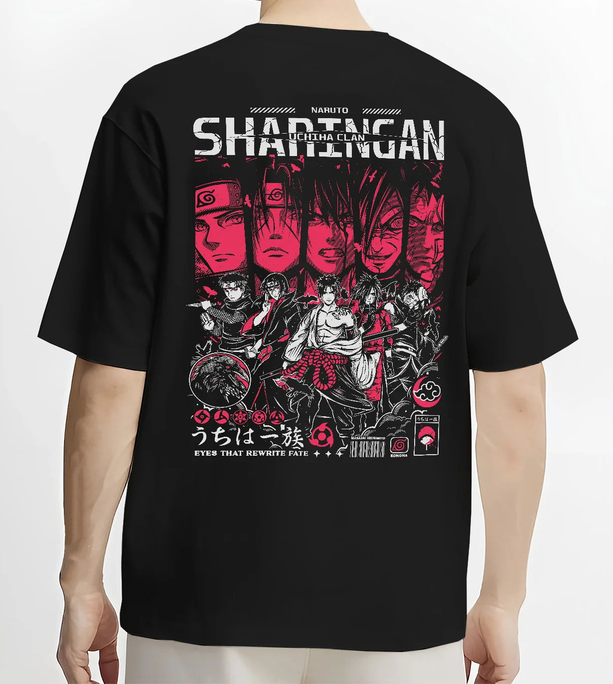Black T-shirt model back view showing Naruto Shippuden: Akatsuki members collage