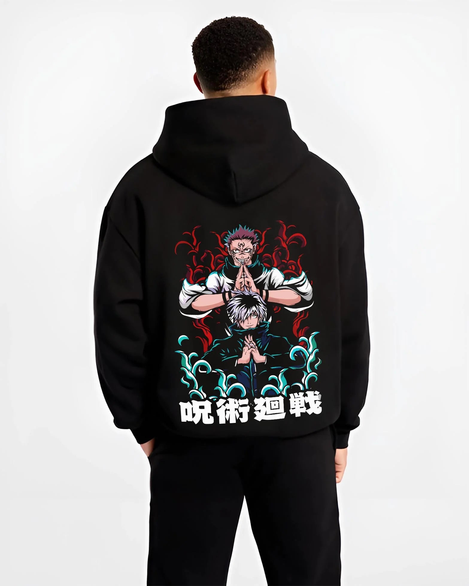Black hoodie worn by male model, back view with Shoko Ieiri Hoodie Jujutsu Kaisen Healing Stance graphic bold anime graphic.