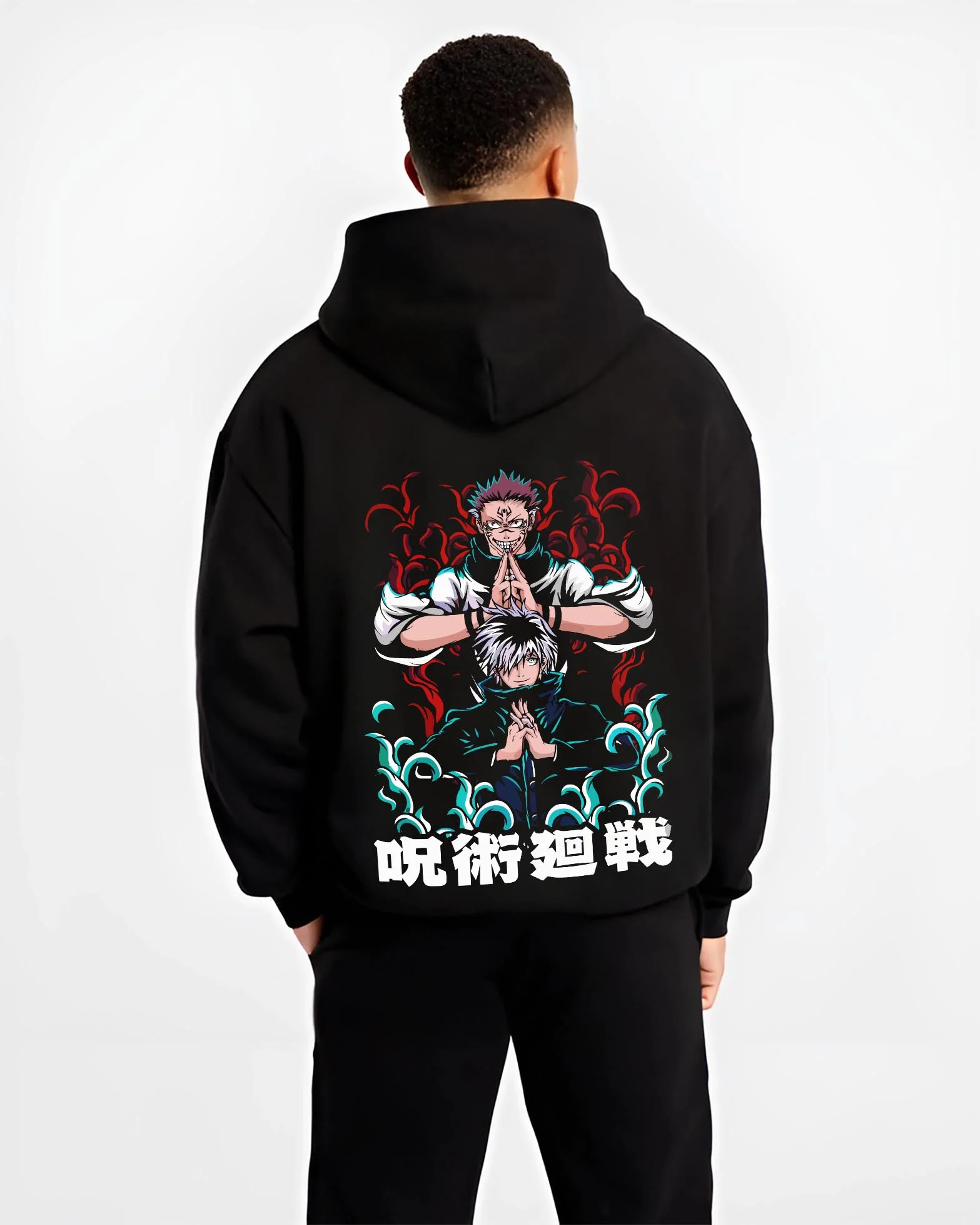 Black hoodie worn by male model, back view with Shoko Ieiri Hoodie Jujutsu Kaisen Healing Stance graphic bold anime graphic.