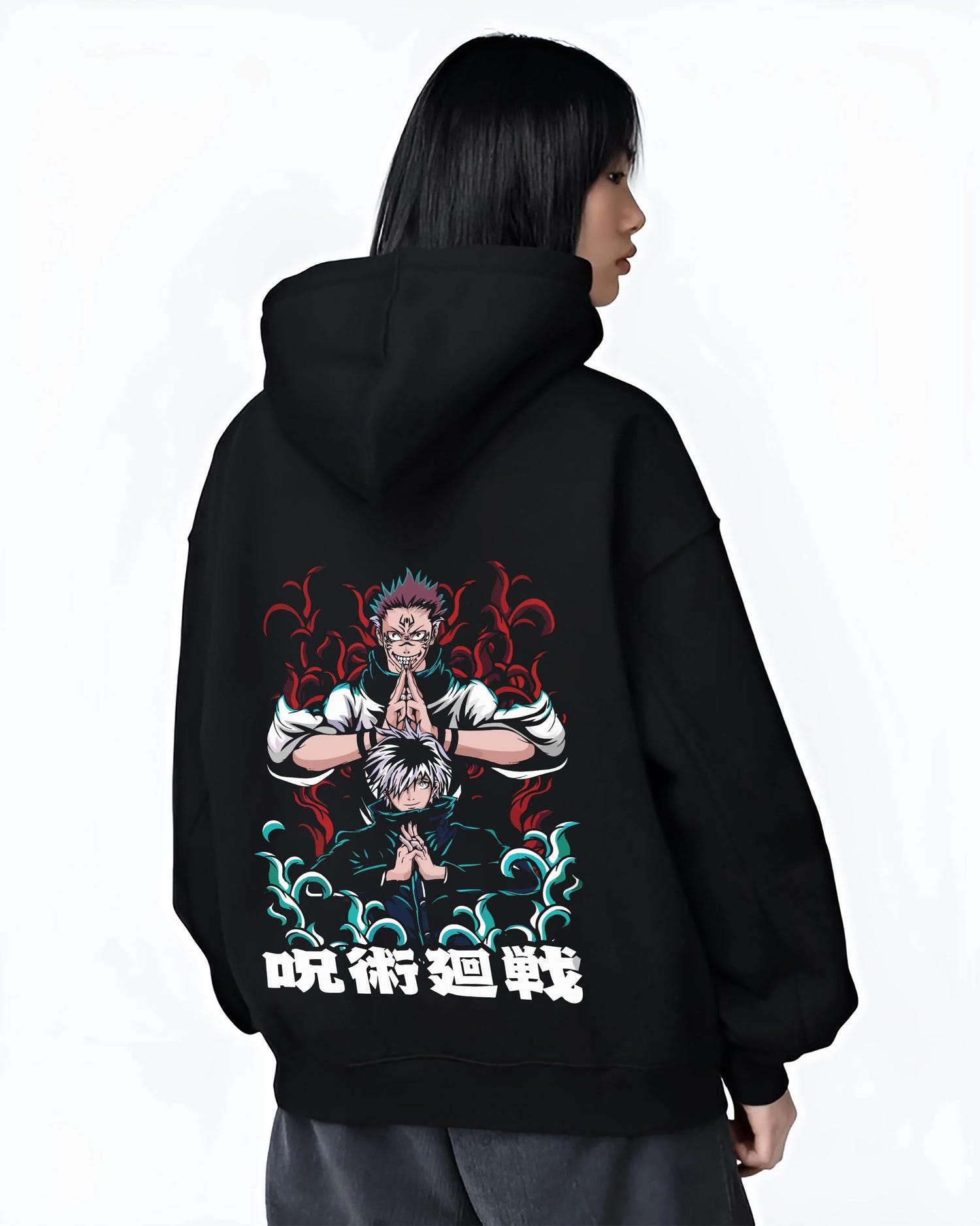 Black hoodie worn by female model, back view with Shoko Ieiri Hoodie Jujutsu Kaisen Healing Stance graphic premium wear.
