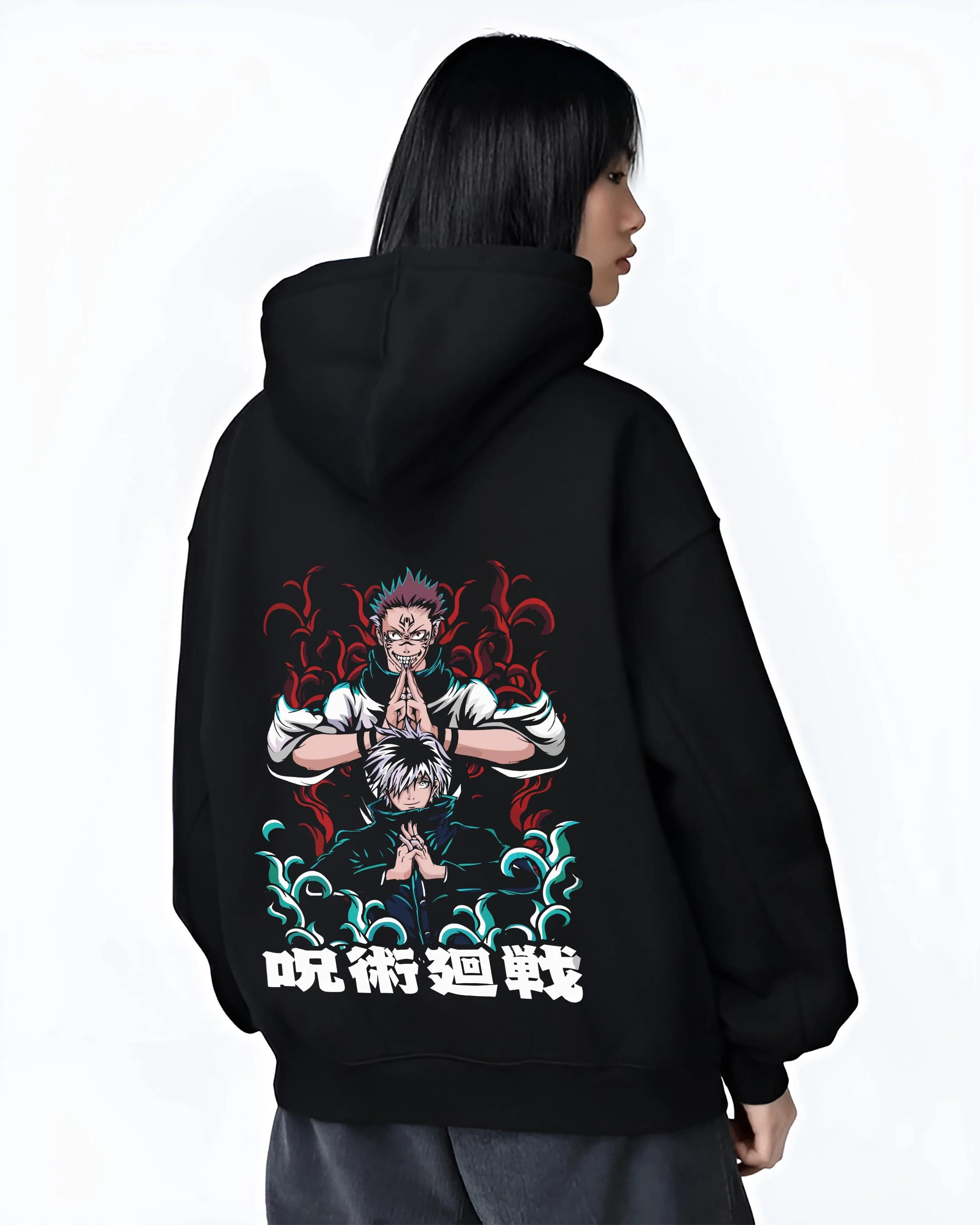 Black hoodie worn by female model, back view with Shoko Ieiri Hoodie Jujutsu Kaisen Healing Stance graphic premium wear.