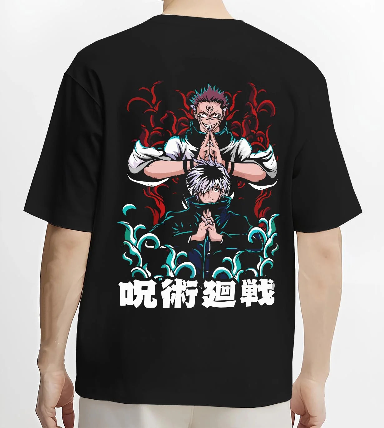 Black T-shirt worn by male model, back view with Shoko Ieiri Hoodie Jujutsu Kaisen Healing Stance graphic streetwear graphic.