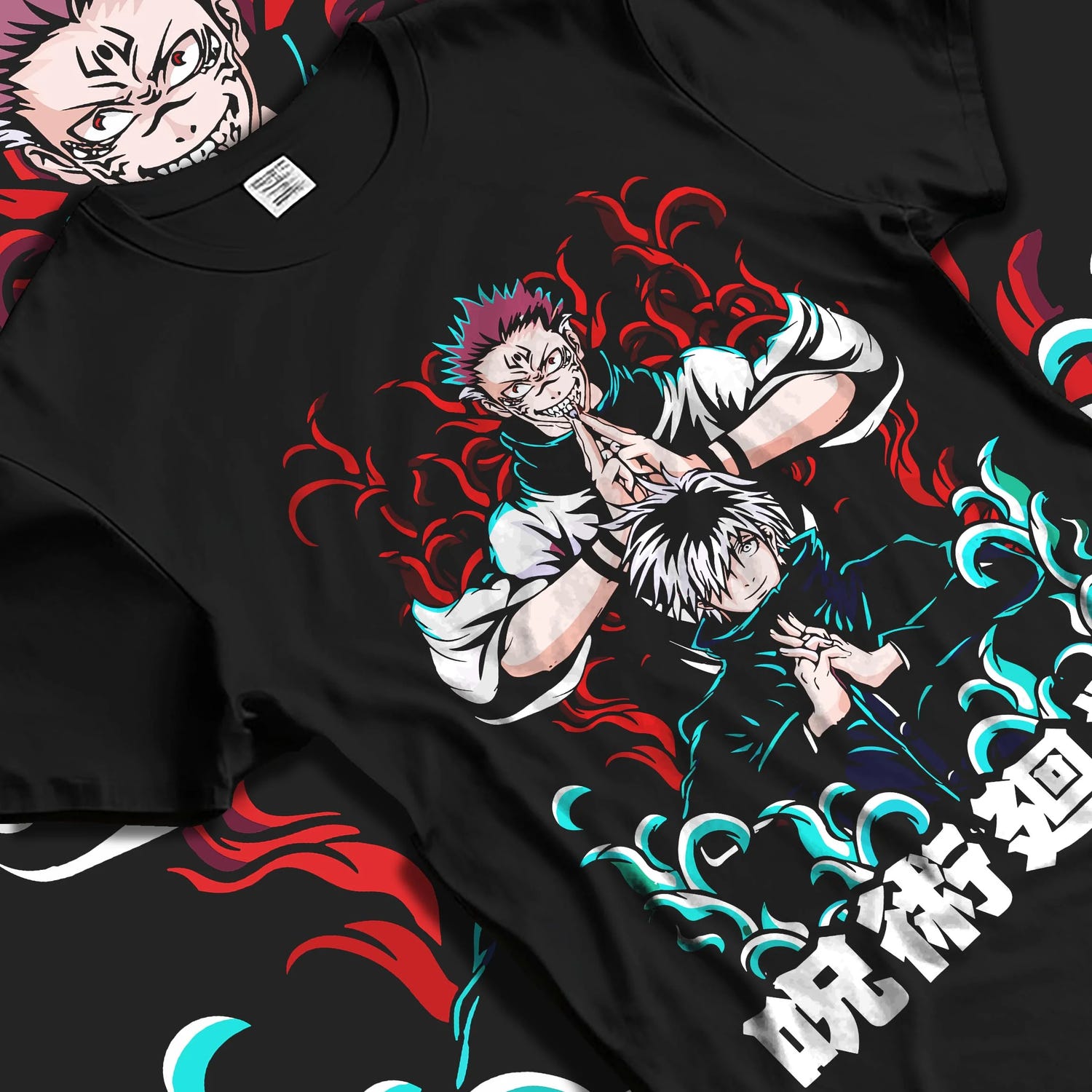 Black T-shirt laid flat with natural folds with Shoko Ieiri Hoodie Jujutsu Kaisen Healing Stance graphic bold anime graphic.