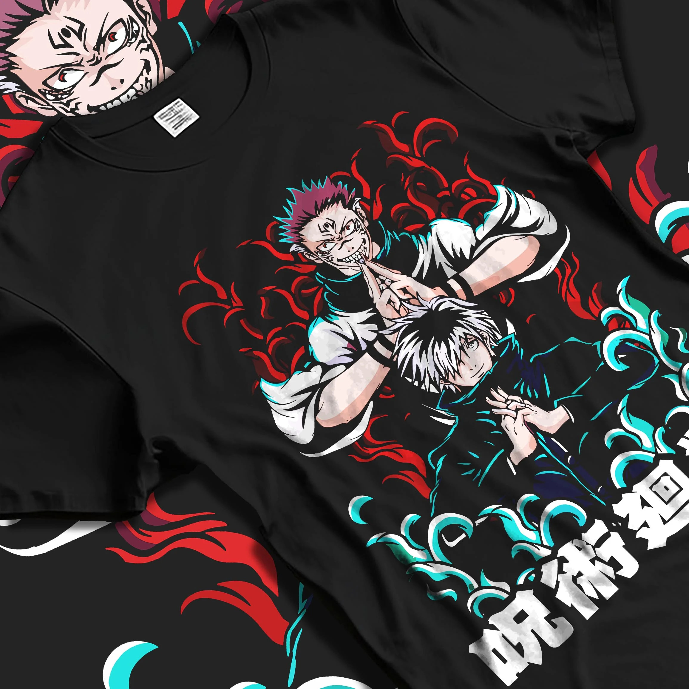 Black T-shirt laid flat with natural folds with Shoko Ieiri Hoodie Jujutsu Kaisen Healing Stance graphic bold anime graphic.